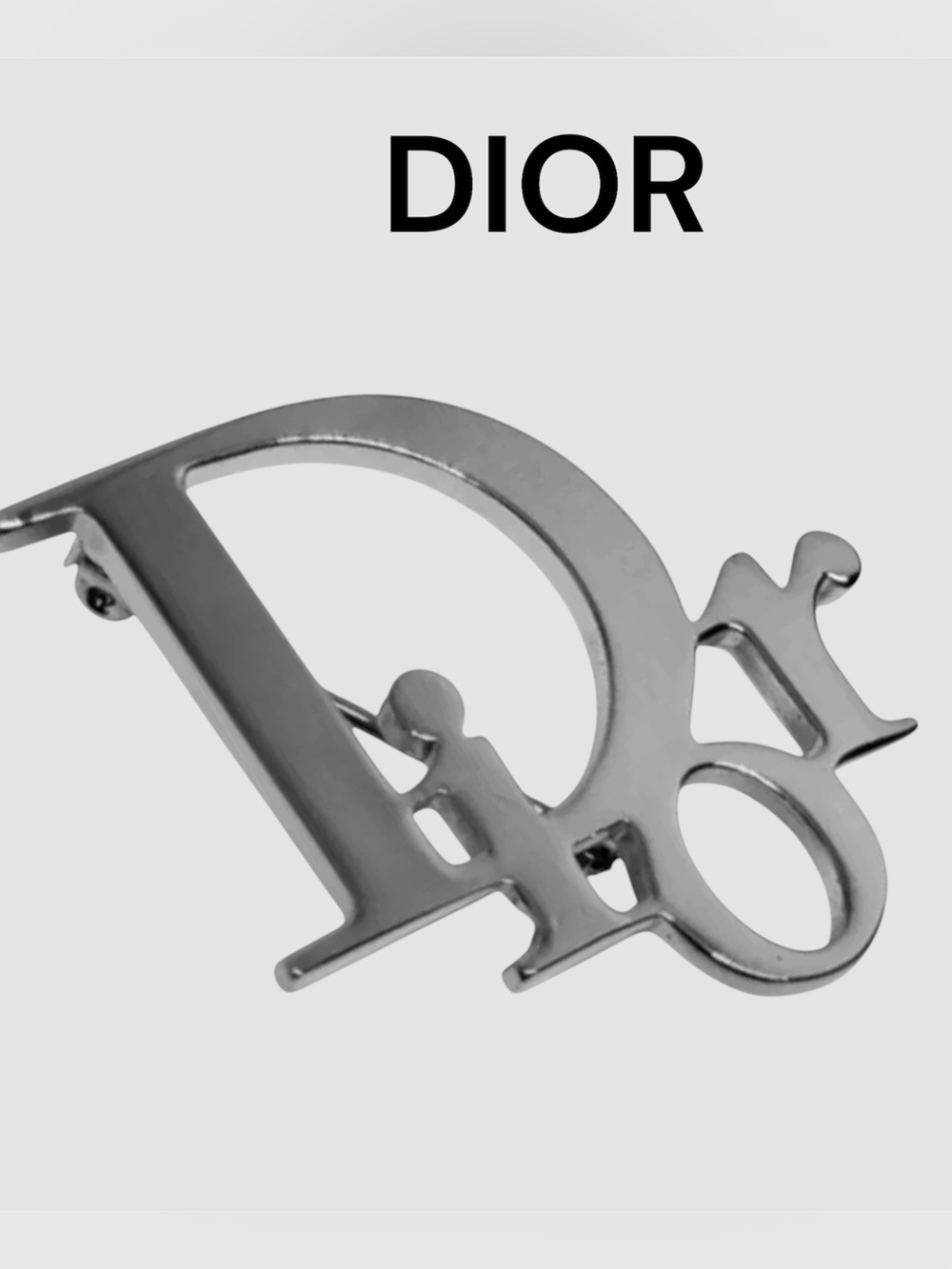 DIOR LOGO LETTERS SILVER TONE METAL PIN BROOCH